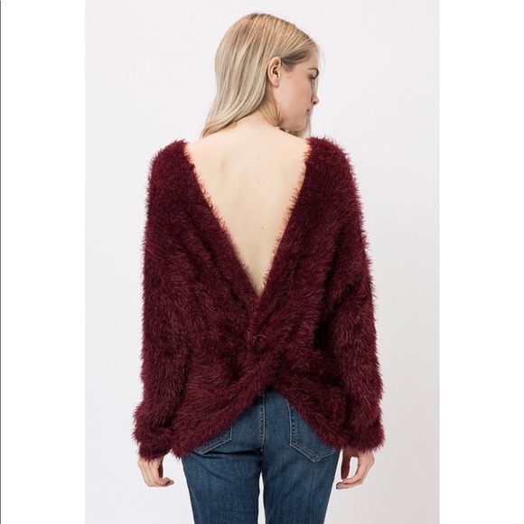 Last☝️Wine Long Sleeve Open Back Fuzzy Sweater - Picture 2 of 5